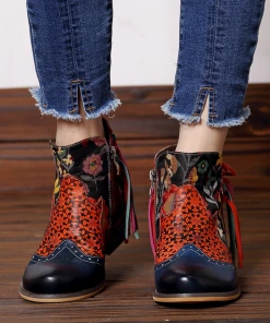 New In Shoes SOFFIA | Genuine Leather Navy Orange Tasselled Ankle Booties Flat Boots