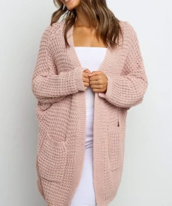 MY New In Clothing Smaibulun | Knit Pocket Open-Front Longline Cardigan - Pink