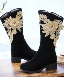 YR New In Shoes Cactus Rose | Golden Flower Appliqued Lace Detail Long Knee Boots - Black