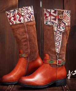 Soffia | Genuine Leather Geometry Printed Tie-Accent Boho Knee High Boots NEW ARRIVALS