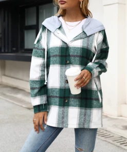 YBL Smaibulun | Hoodie Plaid Side-Pocket Button-Up Shirt - Green