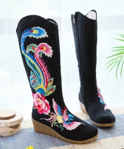 YR Cactus Rose | Embroidered Phoenix Long Boots - Black New In Shoes 10 YR Cactus Rose | Embroidered Phoenix Long Boots - Black New In Shoes