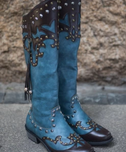 YL En Bloom | Studded Tassel Detailed Knee Western Boots - Blue