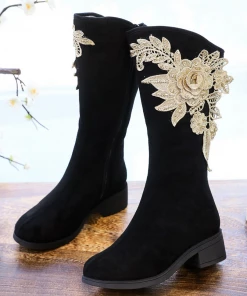 YR New In Shoes Cactus Rose | Golden Flower Appliqued Lace Detail Long Knee Boots - Black