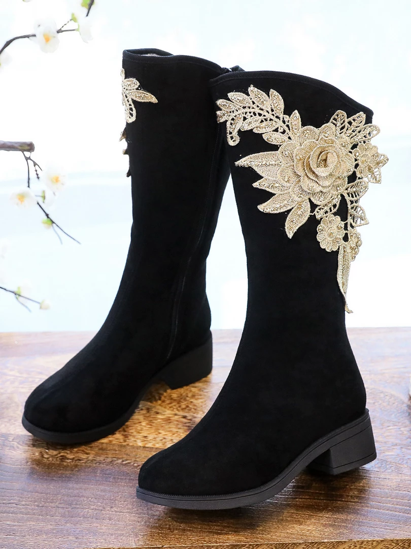 YR New In Shoes Cactus Rose | Golden Flower Appliqued Lace Detail Long Knee Boots - Black 2 YR New In Shoes Cactus Rose | Golden Flower Appliqued Lace Detail Long Knee Boots - Black