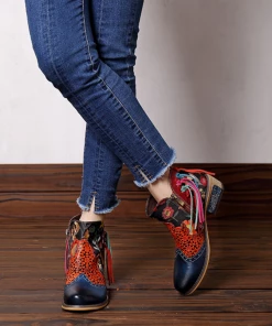 New In Shoes SOFFIA | Genuine Leather Navy Orange Tasselled Ankle Booties Flat Boots