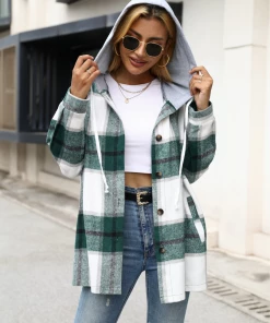 YBL Smaibulun | Hoodie Plaid Side-Pocket Button-Up Shirt - Green