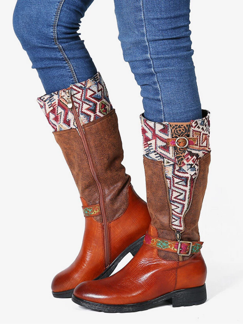 Soffia | Genuine Leather Geometry Printed Tie-Accent Boho Knee High Boots NEW ARRIVALS 3 Soffia | Genuine Leather Geometry Printed Tie-Accent Boho Knee High Boots NEW ARRIVALS