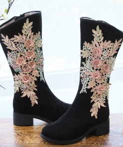 YR Cactus Rose | Embroidery Blooming Appliqued Long Knee Boots - Black