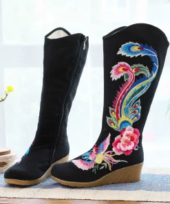 YR Cactus Rose | Embroidered Phoenix Long Boots - Black New In Shoes 11 YR Cactus Rose | Embroidered Phoenix Long Boots - Black New In Shoes