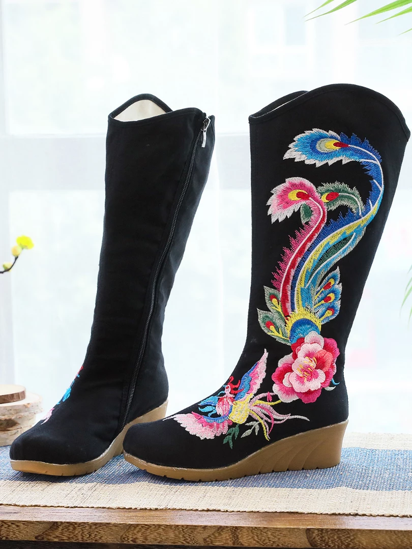 YR Cactus Rose | Embroidered Phoenix Long Boots - Black New In Shoes 4 YR Cactus Rose | Embroidered Phoenix Long Boots - Black New In Shoes