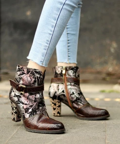 New In Shoes SOFFIA | Genuine Leather Chunky Golden Heel With Embroidered Silver Floral Heel Ankle Boots