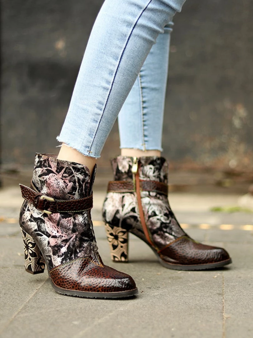 New In Shoes SOFFIA | Genuine Leather Chunky Golden Heel With Embroidered Silver Floral Heel Ankle Boots 1 New In Shoes SOFFIA | Genuine Leather Chunky Golden Heel With Embroidered Silver Floral Heel Ankle Boots
