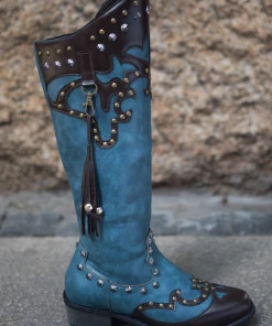 YL En Bloom | Studded Tassel Detailed Knee Western Boots - Blue