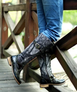 Soffia | Genuine Leather Black Forest Tie-Accent Boho High Boots Knee Boots