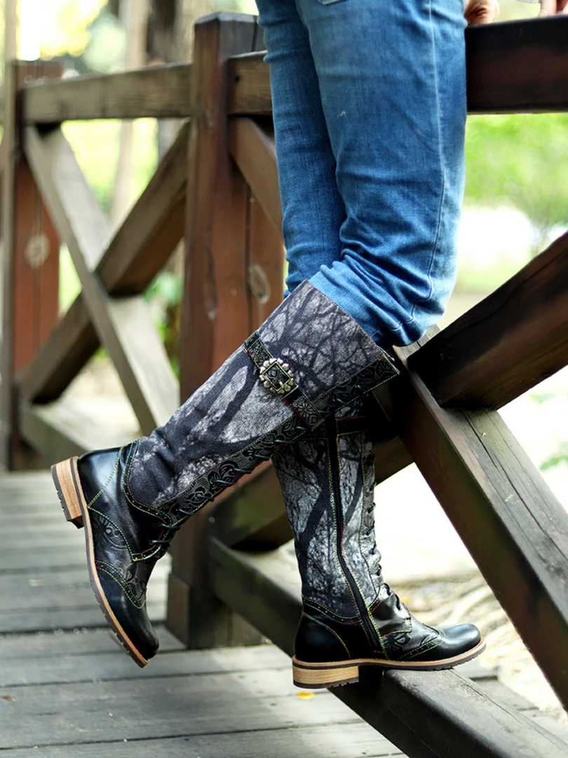 Soffia | Genuine Leather Black Forest Tie-Accent Boho High Boots Knee Boots 2 Soffia | Genuine Leather Black Forest Tie-Accent Boho High Boots Knee Boots