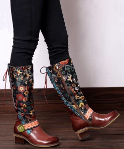 NEW ARRIVALS Soffia Genuine Leather Brown & Multicolor Floral Tie-Accent Knee Long Boots
