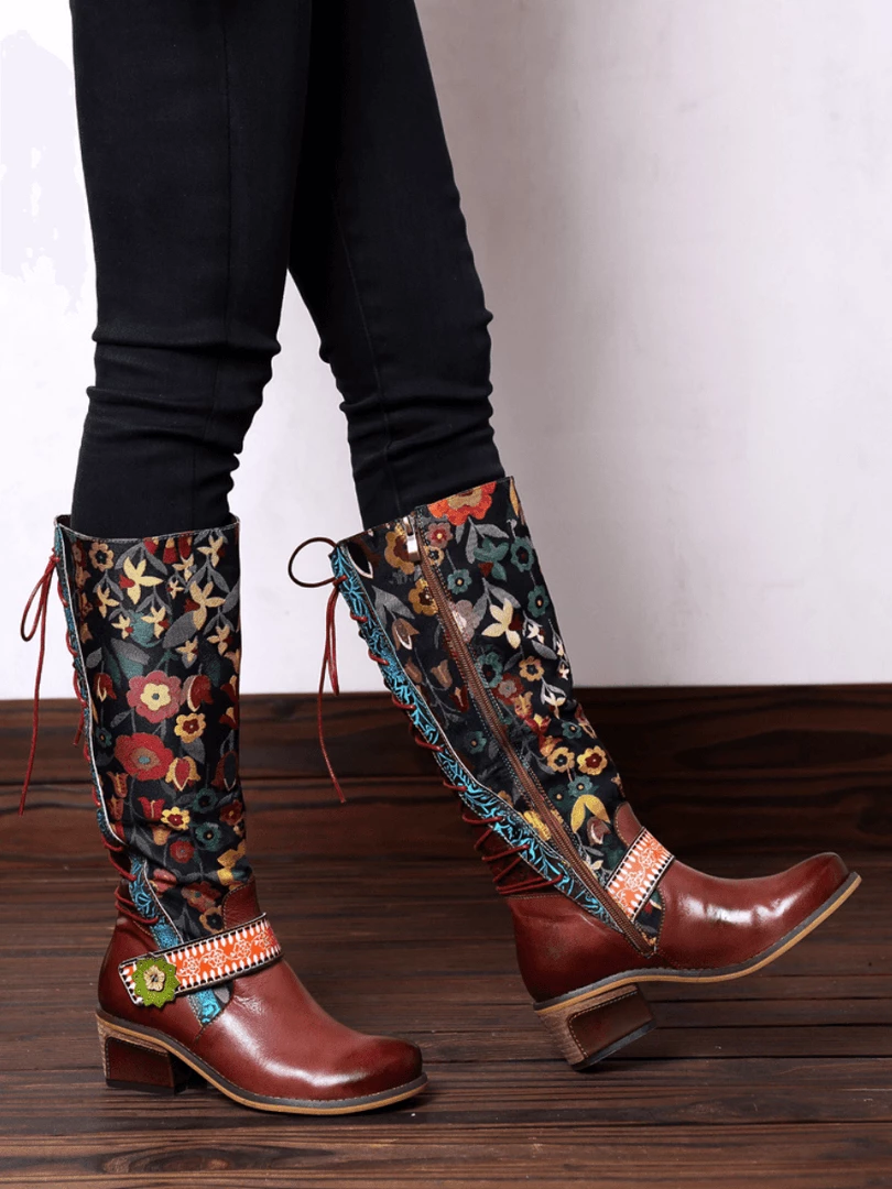 NEW ARRIVALS Soffia Genuine Leather Brown & Multicolor Floral Tie-Accent Knee Long Boots 1 NEW ARRIVALS Soffia Genuine Leather Brown & Multicolor Floral Tie-Accent Knee Long Boots