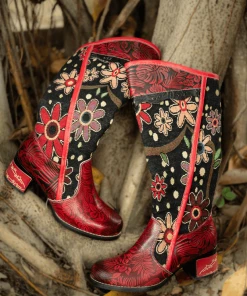 Soffia | Genuine Leather Bohemian Red Blossom Tie-Accent Leather Vintage High Knee Boots New In Shoes