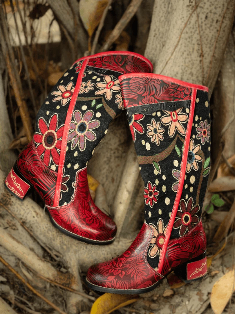 Soffia | Genuine Leather Bohemian Red Blossom Tie-Accent Leather Vintage High Knee Boots New In Shoes 1 Soffia | Genuine Leather Bohemian Red Blossom Tie-Accent Leather Vintage High Knee Boots New In Shoes