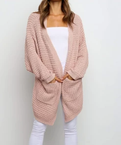 MY New In Clothing Smaibulun | Knit Pocket Open-Front Longline Cardigan - Pink
