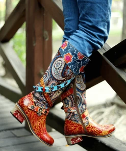 Soffia | Brown Floral Tie-Accent Leather Vintage Knee High Boots 10 Soffia | Brown Floral Tie-Accent Leather Vintage Knee High Boots