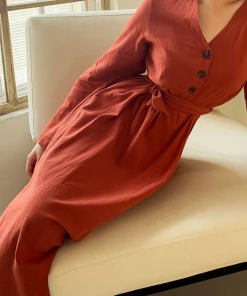 YBL Smaibulun | Button-Front Tie-Waist Midi Dress - Orange