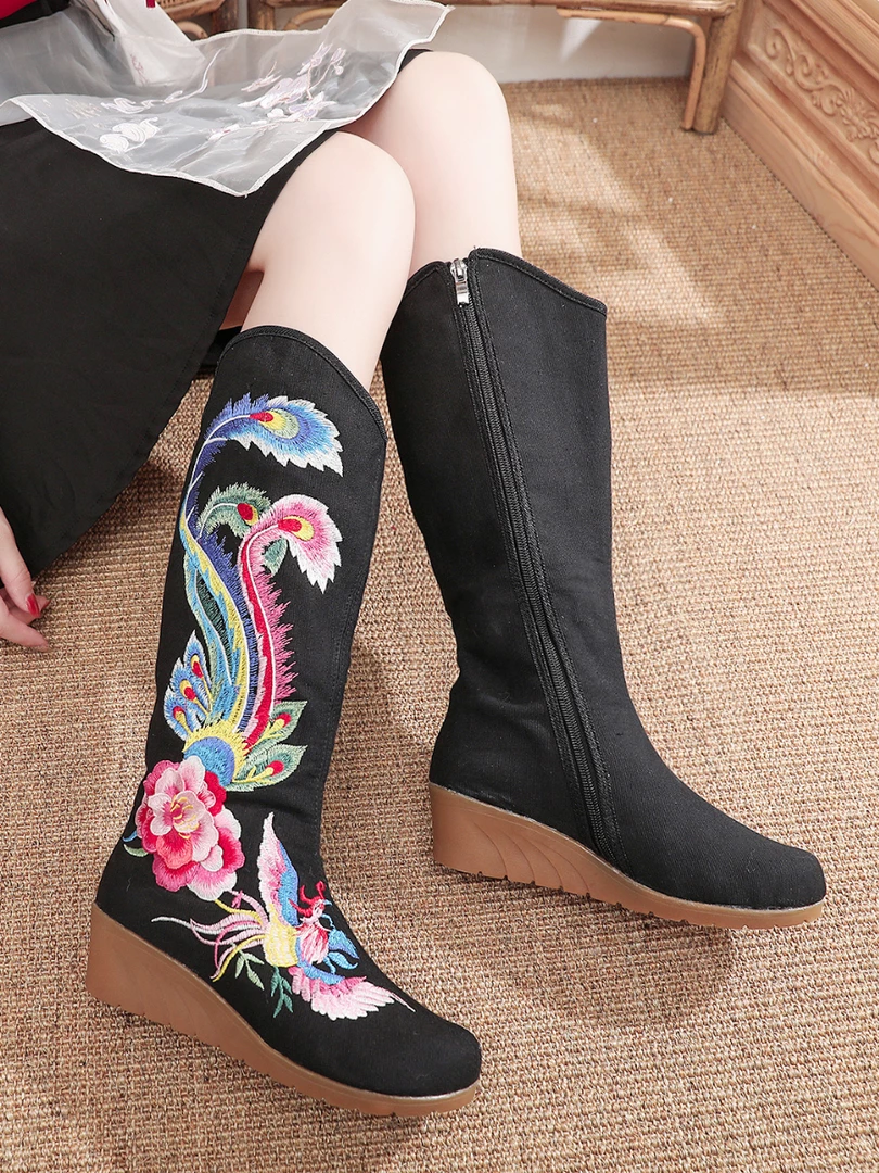 YR Cactus Rose | Embroidered Phoenix Long Boots - Black New In Shoes 1 YR Cactus Rose | Embroidered Phoenix Long Boots - Black New In Shoes