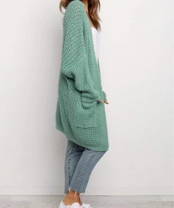 MY Smaibulun | Knit Pocket Open-Front Longline Cardigan - Green