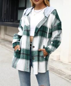 YBL Smaibulun | Hoodie Plaid Side-Pocket Button-Up Shirt - Green