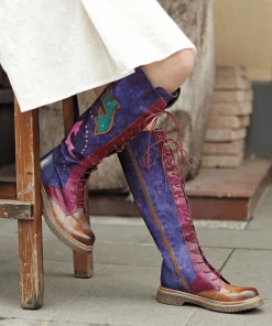 Soffia | Genuine Leather Galaxy Purple Printed Tie-Accent Boho High Knee Boots NEW ARRIVALS