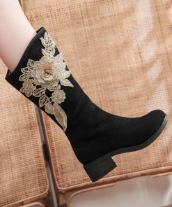 YR New In Shoes Cactus Rose | Golden Flower Appliqued Lace Detail Long Knee Boots - Black 11 YR New In Shoes Cactus Rose | Golden Flower Appliqued Lace Detail Long Knee Boots - Black