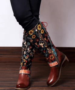 NEW ARRIVALS Soffia Genuine Leather Brown & Multicolor Floral Tie-Accent Knee Long Boots
