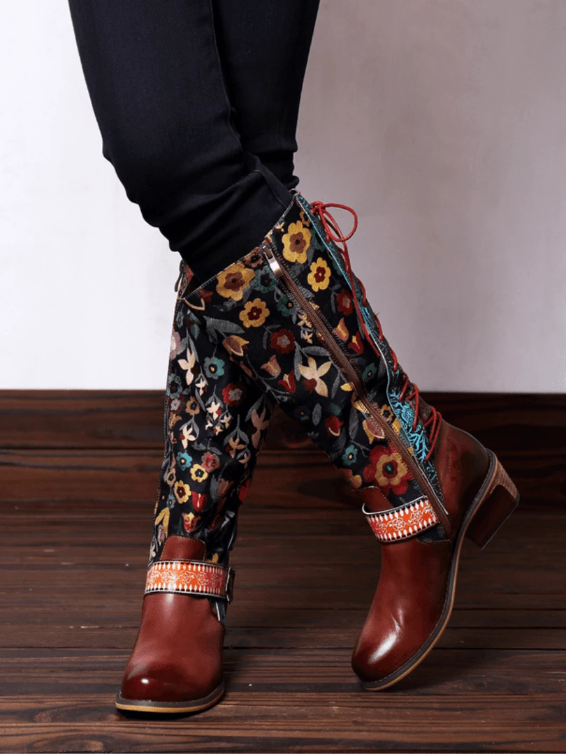 NEW ARRIVALS Soffia Genuine Leather Brown & Multicolor Floral Tie-Accent Knee Long Boots 2 NEW ARRIVALS Soffia Genuine Leather Brown & Multicolor Floral Tie-Accent Knee Long Boots