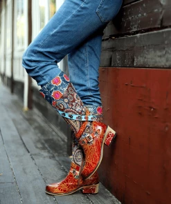 Soffia | Brown Floral Tie-Accent Leather Vintage Knee High Boots 11 Soffia | Brown Floral Tie-Accent Leather Vintage Knee High Boots