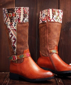 Soffia | Genuine Leather Geometry Printed Tie-Accent Boho Knee High Boots NEW ARRIVALS