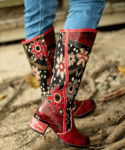 Soffia | Genuine Leather Bohemian Red Blossom Tie-Accent Leather Vintage High Knee Boots New In Shoes 9 Soffia | Genuine Leather Bohemian Red Blossom Tie-Accent Leather Vintage High Knee Boots New In Shoes