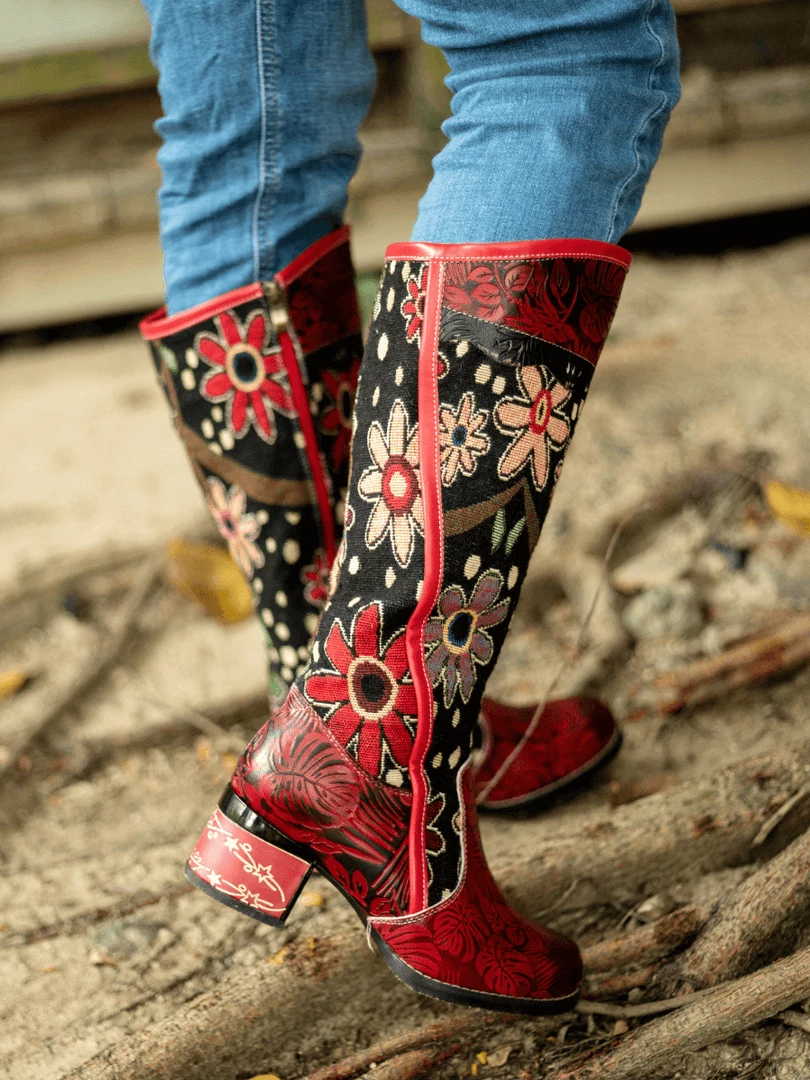 Soffia | Genuine Leather Bohemian Red Blossom Tie-Accent Leather Vintage High Knee Boots New In Shoes 4 Soffia | Genuine Leather Bohemian Red Blossom Tie-Accent Leather Vintage High Knee Boots New In Shoes