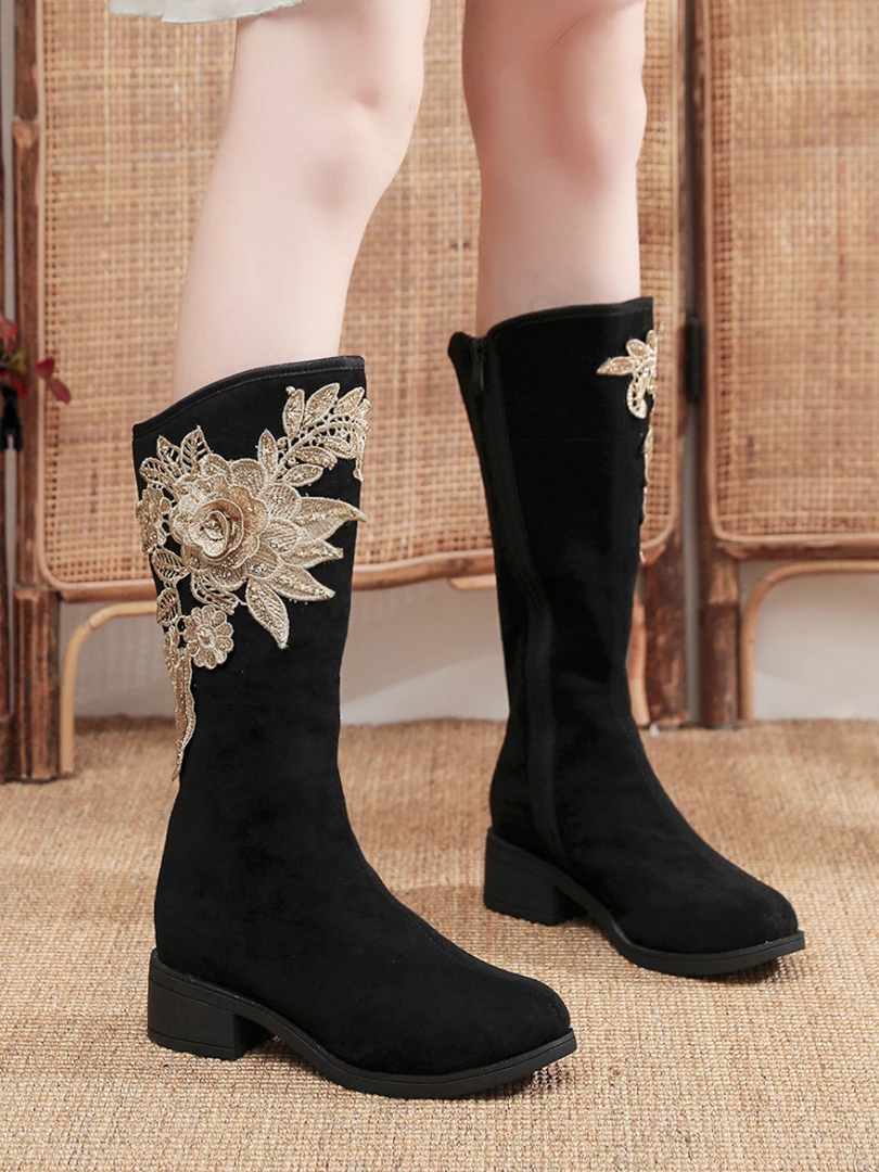 YR New In Shoes Cactus Rose | Golden Flower Appliqued Lace Detail Long Knee Boots - Black 4 YR New In Shoes Cactus Rose | Golden Flower Appliqued Lace Detail Long Knee Boots - Black