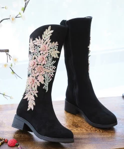 YR Cactus Rose | Embroidery Blooming Appliqued Long Knee Boots - Black
