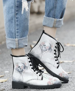 YL En Bloom | Skull-Floral Ankle Flat Combat Boots - White New In Shoes