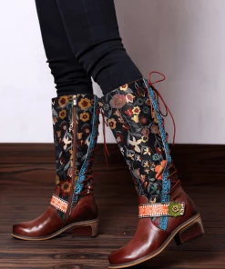NEW ARRIVALS Soffia Genuine Leather Brown & Multicolor Floral Tie-Accent Knee Long Boots 13 NEW ARRIVALS Soffia Genuine Leather Brown & Multicolor Floral Tie-Accent Knee Long Boots