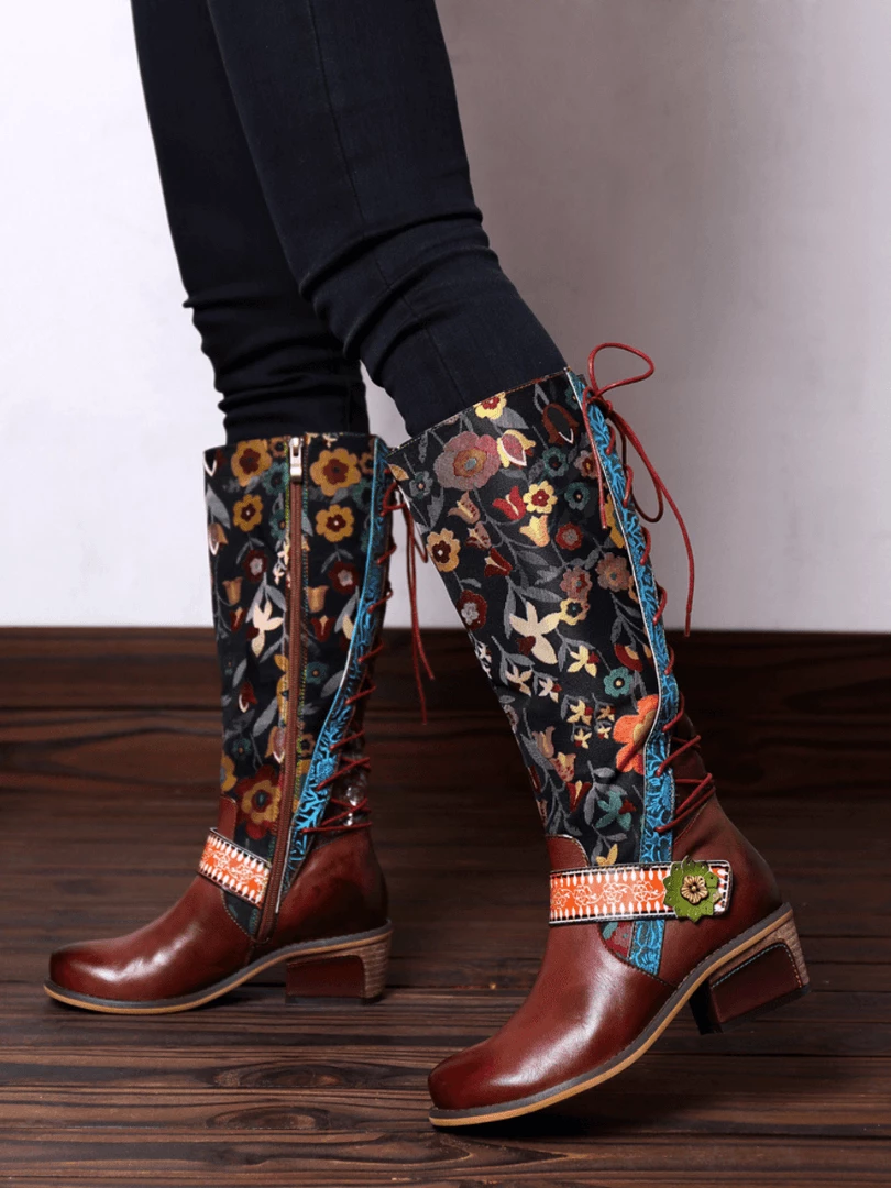 NEW ARRIVALS Soffia Genuine Leather Brown & Multicolor Floral Tie-Accent Knee Long Boots 4 NEW ARRIVALS Soffia Genuine Leather Brown & Multicolor Floral Tie-Accent Knee Long Boots
