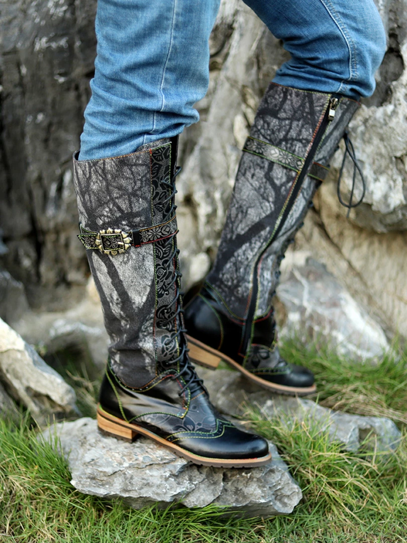 Soffia | Genuine Leather Black Forest Tie-Accent Boho High Boots Knee Boots 1 Soffia | Genuine Leather Black Forest Tie-Accent Boho High Boots Knee Boots