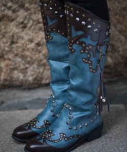 YL En Bloom | Studded Tassel Detailed Knee Western Boots - Blue