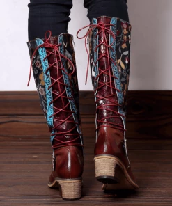 NEW ARRIVALS Soffia Genuine Leather Brown & Multicolor Floral Tie-Accent Knee Long Boots 15 NEW ARRIVALS Soffia Genuine Leather Brown & Multicolor Floral Tie-Accent Knee Long Boots