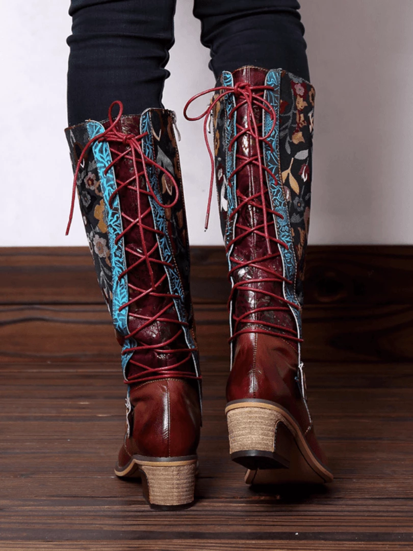 NEW ARRIVALS Soffia Genuine Leather Brown & Multicolor Floral Tie-Accent Knee Long Boots 6 NEW ARRIVALS Soffia Genuine Leather Brown & Multicolor Floral Tie-Accent Knee Long Boots