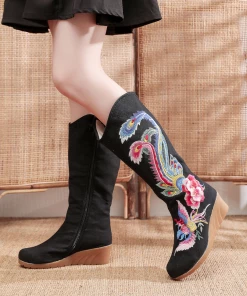 YR Cactus Rose | Embroidered Phoenix Long Boots - Black New In Shoes 14 YR Cactus Rose | Embroidered Phoenix Long Boots - Black New In Shoes