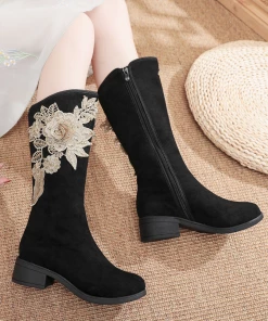 YR New In Shoes Cactus Rose | Golden Flower Appliqued Lace Detail Long Knee Boots - Black 13 YR New In Shoes Cactus Rose | Golden Flower Appliqued Lace Detail Long Knee Boots - Black