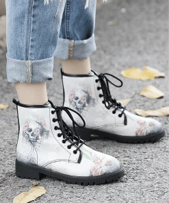 YL En Bloom | Skull-Floral Ankle Flat Combat Boots - White New In Shoes